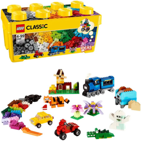 Gelbe LEGO-Classic-Box mit bunten Steinen und Modellen wie Zug und Tieren.