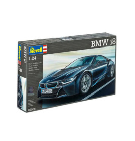 Revell 1:24 BMW i8 Modellbausatz mit Abbildung eines blauen BMW i8 Sportwagens auf der Verpackung.