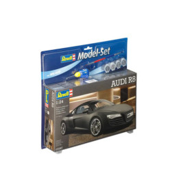 Revell Audi R8 Modellbausatz 1:24 mit Farben, Kleber und Pinsel in Verpackung.