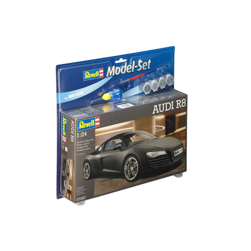 Revell Audi R8 Modellbausatz 1:24 mit Farben, Kleber und Pinsel in Verpackung. Revell Audi R8 Modellbausatz 1:24 mit Farben, Kleber und Pinsel in Verpackung.