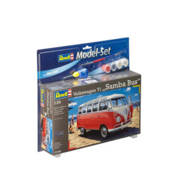 Revell Modell-Set VW T1 Samba Bus mit Farben und Pinsel, abgebildet ist ein roter Bus auf der Verpackung.
