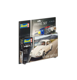 Revell VW Käfer Modellbausatz mit Farben und Pinseln, abgebildet ist ein klassischer weißer VW Käfer.