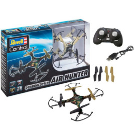 Revell Air Hunter Quadrocopter-Set mit Drohne, Fernsteuerung, Ladegerät, Ersatzpropellern und Verpackung.