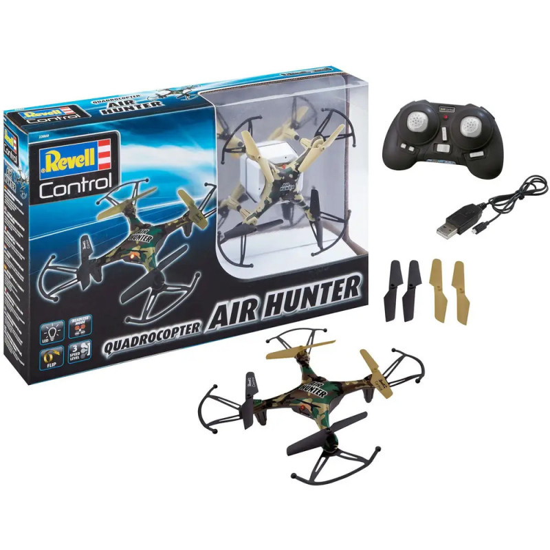 Revell Air Hunter Quadrocopter-Set mit Drohne, Fernsteuerung, Ladegerät, Ersatzpropellern und Verpackung. Revell Air Hunter Quadrocopter-Set mit Drohne, Fernsteuerung, Ladegerät, Ersatzpropellern und Verpackung.