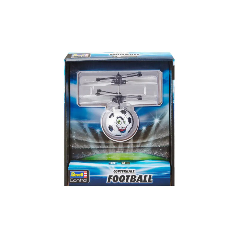 Spielzeughelikopter im Fußball-Design mit lachendem Gesicht, verpackt als Copterball Football.