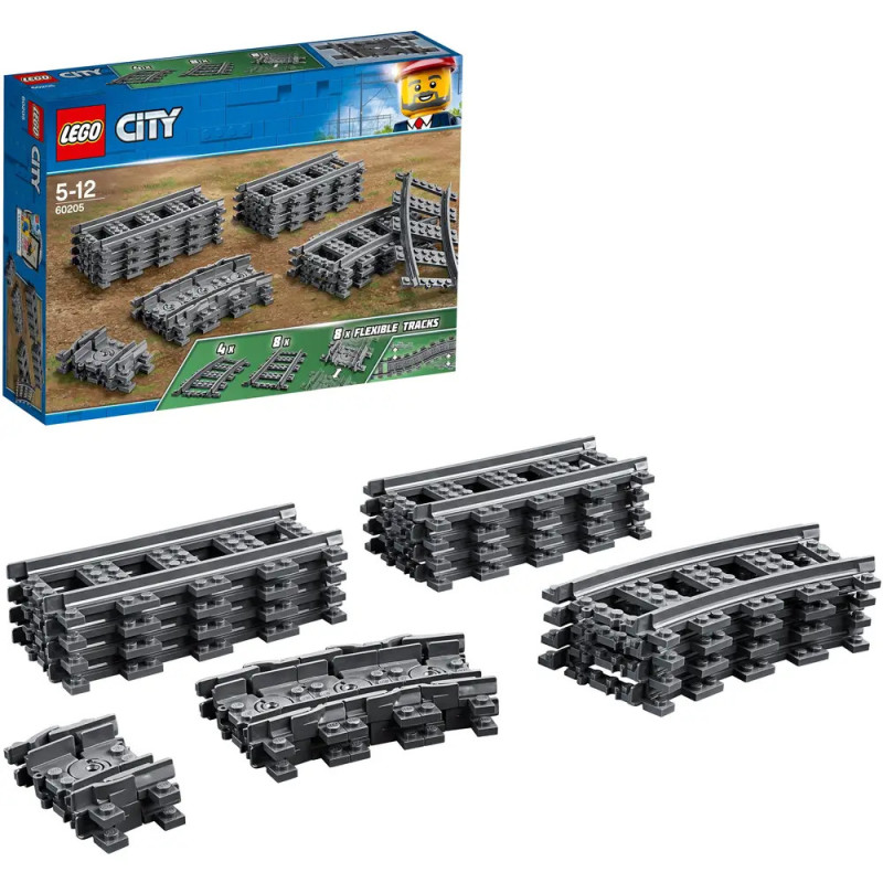 LEGO City Eisenbahn-Set mit geraden, gebogenen und flexiblen Schienen, Verpackung im Hintergrund.