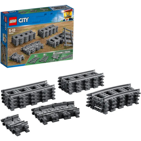 LEGO City Eisenbahn-Set mit geraden, gebogenen und flexiblen Schienen, Verpackung im Hintergrund.