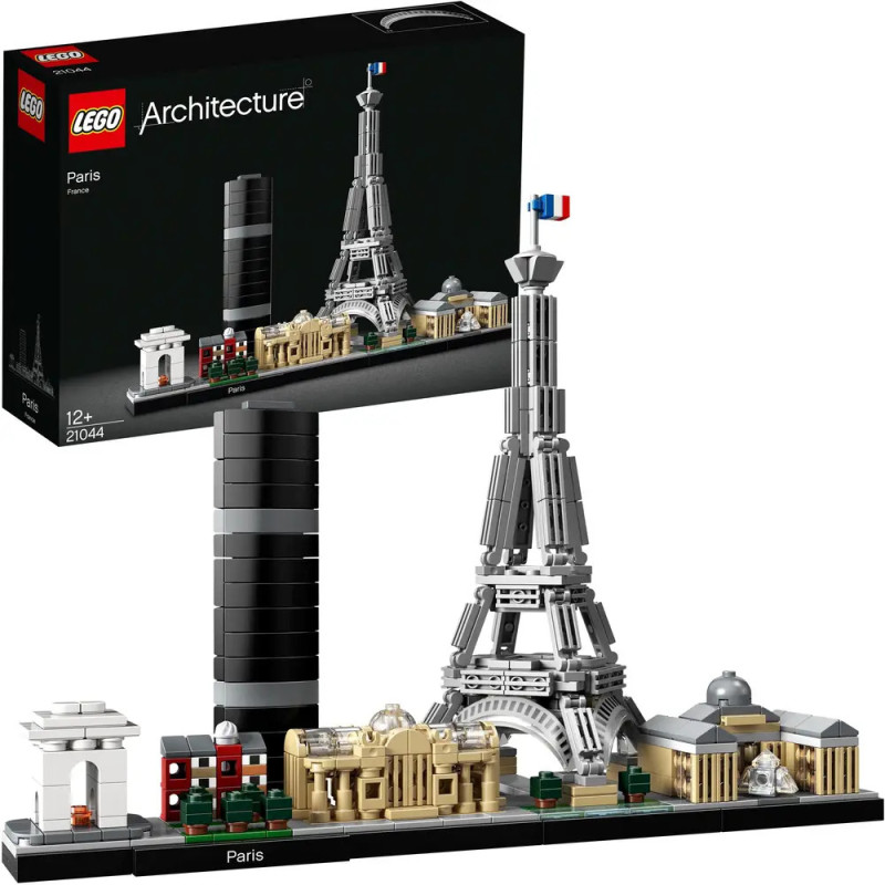 LEGO Architecture Paris-Set mit Box und Modell sowie berühmten Wahrzeichen wie dem Eiffelturm.
