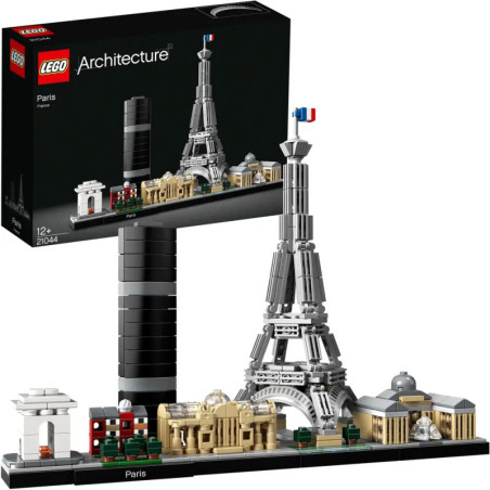 LEGO Architecture Paris-Set mit Box und Modell sowie berühmten Wahrzeichen wie dem Eiffelturm.