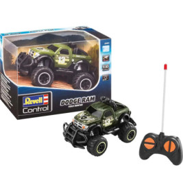 Ferngesteuerter grüner Dodge Ram Spielzeugtruck mit Fernbedienung, neben Verpackung und Karton.