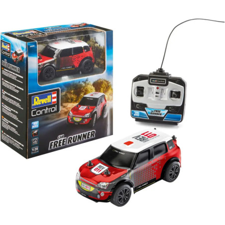 Rotes und weißes ferngesteuertes Auto mit Free Runner-Box und schwarzer Fernbedienung daneben.