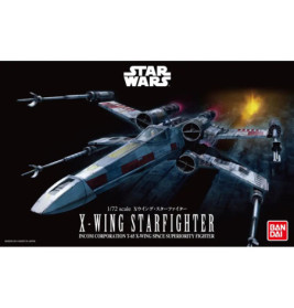 Ein X-Wing-Starfighter fliegt im All und feuert Laser, abgebildet auf der Star Wars 1/72 Modellbausatzverpackung.