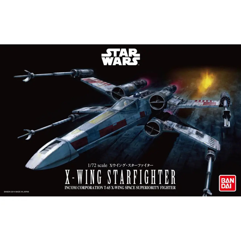 Ein X-Wing-Starfighter fliegt im All und feuert Laser, abgebildet auf der Star Wars 1/72 Modellbausatzverpackung.