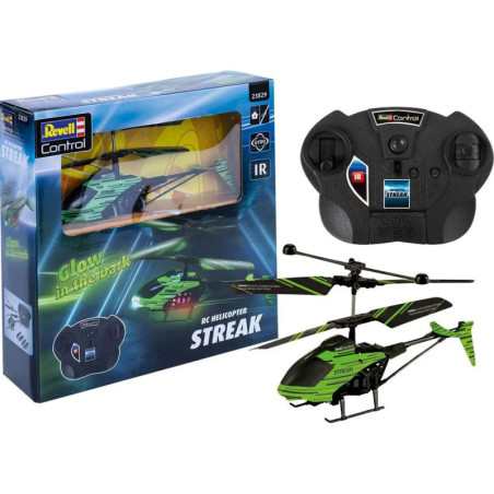 Revell RC-Hubschrauber mit Fernbedienung und Verpackung, Aufschrift Glow in the dark und STREAK.