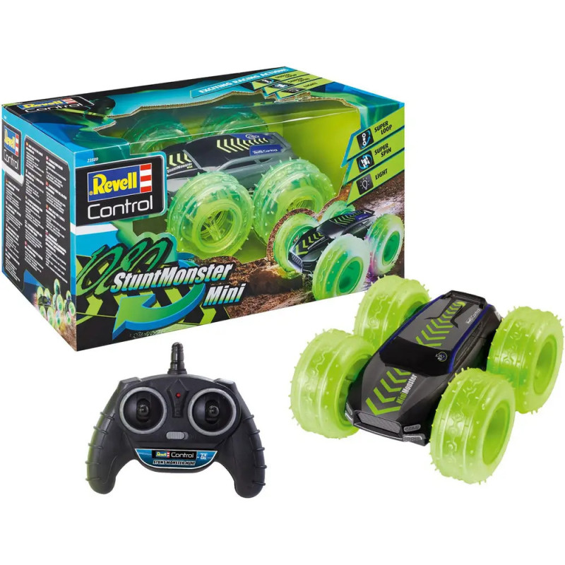 Revell Stunt Monster Mini RC-Auto mit leuchtend grünen Rädern, Fernsteuerung und Verpackung.