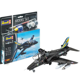 Revell BAE Hawk T1 Modellset mit Farben und Werkzeugen, fertiges schwarzes Flugzeug steht neben der Verpackung.