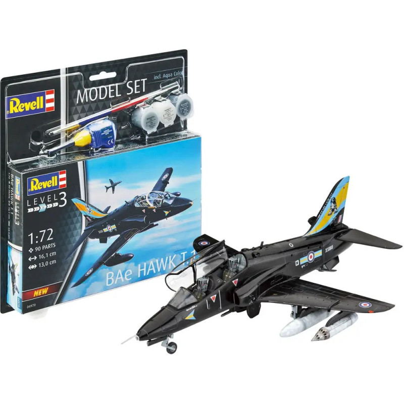 Revell BAE Hawk T1 Modellset mit Farben und Werkzeugen, fertiges schwarzes Flugzeug steht neben der Verpackung.