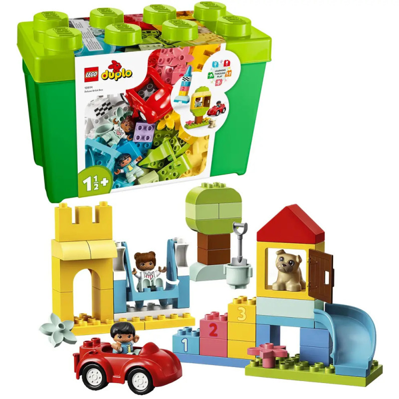 LEGO DUPLO Set: Bunte Bausteine, Figuren, Auto und Tiere vor einer grünen Aufbewahrungsbox. LEGO DUPLO Set: Bunte Bausteine, Figuren, Auto und Tiere vor einer grünen Aufbewahrungsbox.