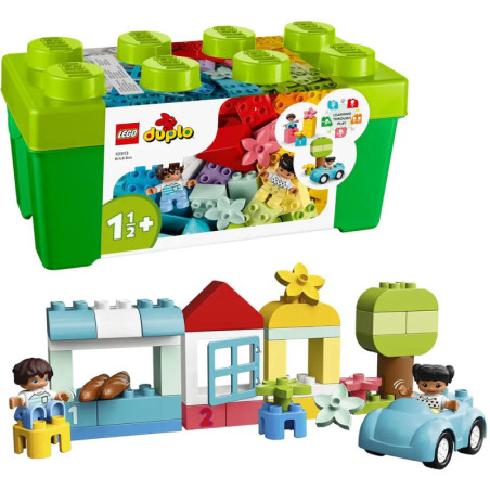 LEGO DUPLO Box mit bunten Steinen, Figuren, Auto, Haus, Baum und weiteren spielerischen Bauideen.