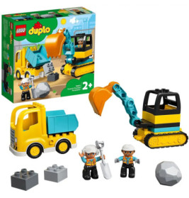 LEGO DUPLO Set mit Muldenkipper, Bagger, zwei Bauarbeitern, Felsen und Bauklötzen.
