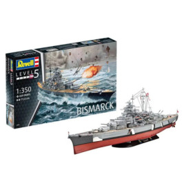 Revell Bismarck Bausatz (1:350, 659 Teile, Schwierigkeitsgrad 5) und zusammengebautes Modellschiff.