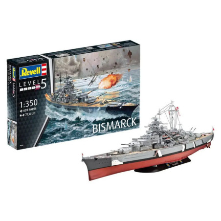 Revell Bismarck Bausatz (1:350, 659 Teile, Schwierigkeitsgrad 5) und zusammengebautes Modellschiff.
