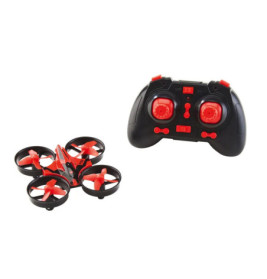 Schwarze und rote Fernbedienungsdrohne mit passendem Controller vor weißem Hintergrund.