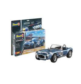 Modellbausatz eines blauen Shelby Cobra 289 (62) mit Verpackung und Werkzeugen sichtbar.
