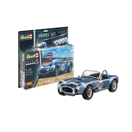 Modellbausatz eines blauen Shelby Cobra 289 (62) mit Verpackung und Werkzeugen sichtbar.