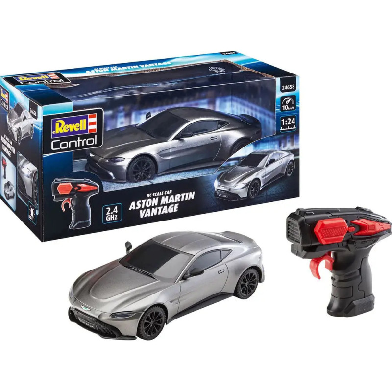 Silberner Aston Martin Vantage RC-Auto mit Fernbedienung und Verpackung, inkl. Produktaufdruck und Bildern. Produktaufdruck und 