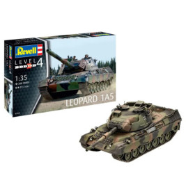 Revell Level 4 Bausatz Leopard 1A5 im Maßstab 1:35 mit fertig gebautem Panzer vor der Verpackung.