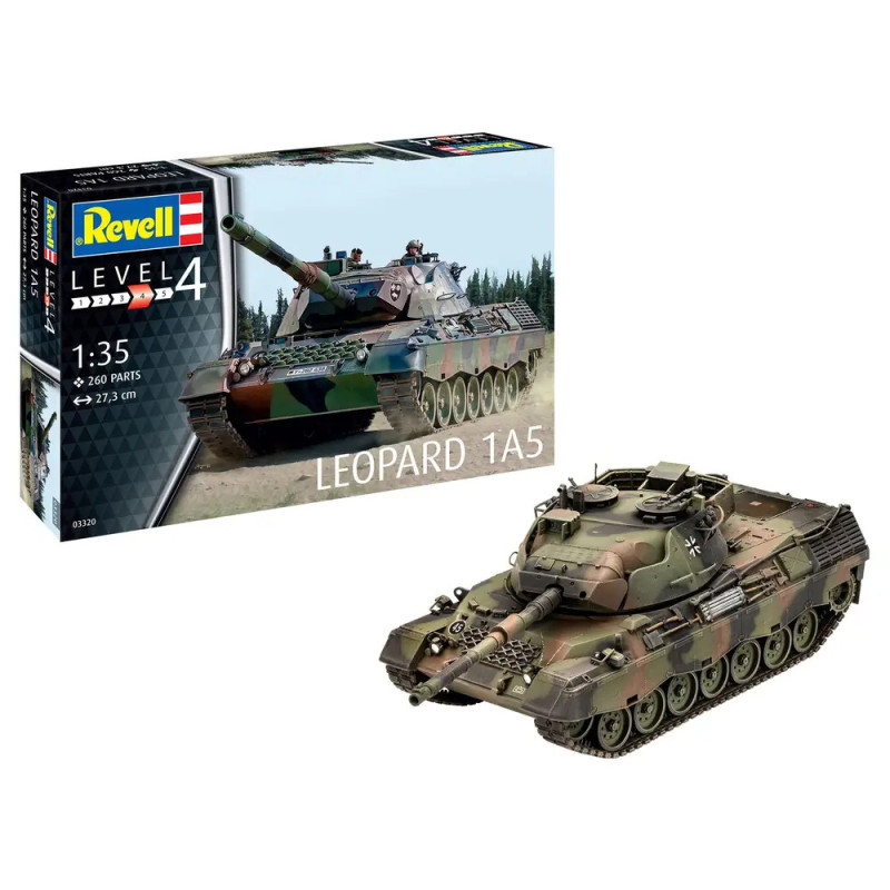 Revell Level 4 Bausatz Leopard 1A5 im Maßstab 1:35 mit fertig gebautem Panzer vor der Verpackung. Revell Level 4 Bausatz Leopard 1A5 im Maßstab 1:35 mit fertig gebautem Panzer vor der Verpackung.
