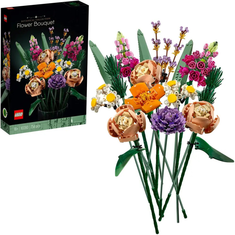 LEGO Blumenstrauß-Set mit bunten, zusammengebauten LEGO-Blumen und der Produktverpackung im Hintergrund.