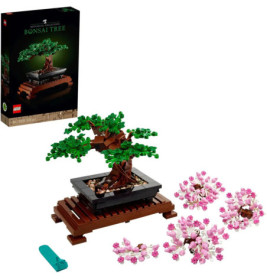 LEGO Bonsai Baum mit grünem und pinkem Laub, zusammen mit Verpackung und Zubehör präsentiert.