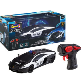Lamborghini Aventador Polizei-Fernlenkauto mit Verpackung und rot-schwarzer Fernbedienung.