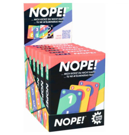 NOPE! Kartenspiel-Displaybox mit bunten Karten und mehrsprachiger Verpackung.