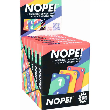 NOPE! Kartenspiel-Displaybox mit bunten Karten und mehrsprachiger Verpackung.
