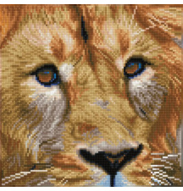 Nahaufnahme eines Löwengesichts im Mosaikstil mit detailreichem Fell und ausdrucksstarken Augen.