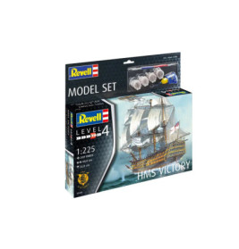 Revell HMS Victory Modellbauset mit Schiffsabbildung sowie sichtbaren Farben und Werkzeugen auf der Verpackung.