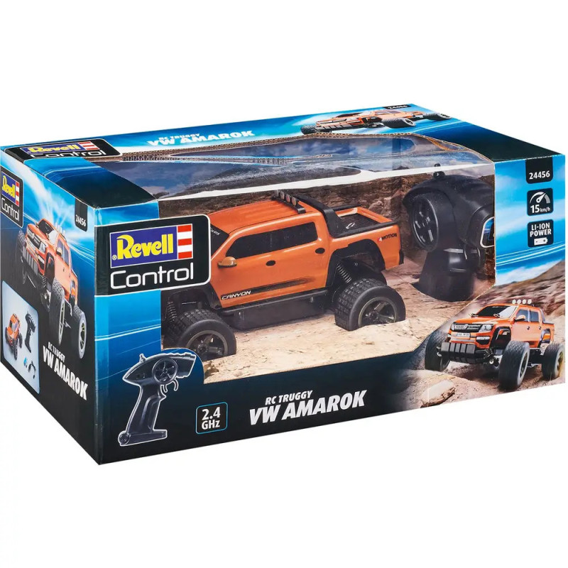 Revell Control RC VW Amarok in Orange, im blauen Karton verpackt, inklusive Fernsteuerung.