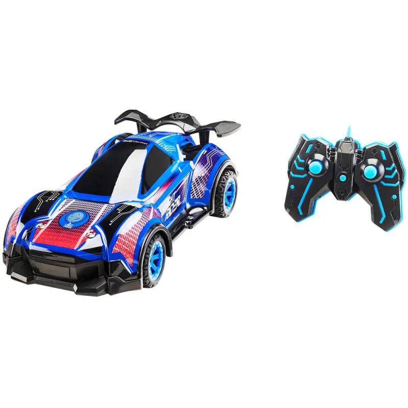 Blau-schwarzes ferngesteuertes Spielauto mit passender Fernbedienung auf weißem Hintergrund.