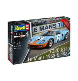 Revell Modellbausatz Ford GT40 Le Mans 1968/1969, Maßstab 1:24, mit Abbildung des Autos auf der Rennstrecke.