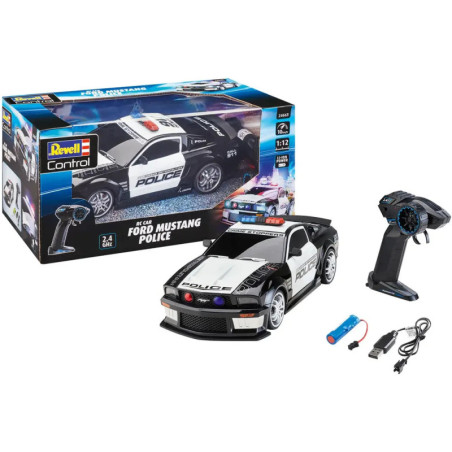 Ferngesteuertes Ford Mustang Polizei-Auto als Spielset mit Controller, Akku, Ladegerät und Verpackung. Ferngesteuertes Ford Mustang Polizei-Auto als Spielset mit Controller, Akku, Ladegerät und Verpackung.