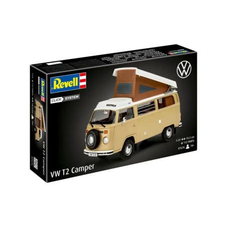 Revell VW T2 Camper Modellbausatz mit Abbildung eines beige-weißen Campers auf der Vorderseite. Revell VW T2 Camper Modellbausatz mit Abbildung eines beige-weißen Campers auf der Vorderseite.
