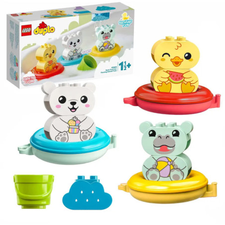 LEGO DUPLO Badeset mit Tierfiguren: Bär, Ente, Nilpferd sowie kleinem grünem Becher und blauer Wolke.