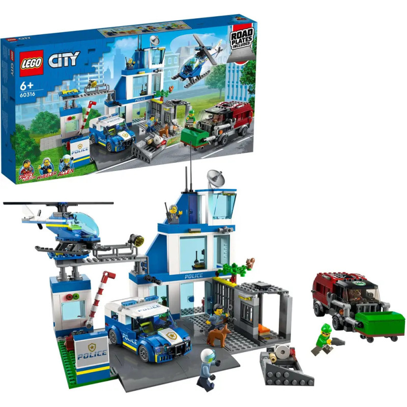 LEGO City Polizeistation mit Polizeiauto, Hubschrauber, Verbrechern und Polizisten-Minifiguren Box abgebildet.