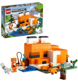 LEGO Minecraft Fox Lodge Set mit fuchsförmigem Haus, Figuren und Verpackung im Hintergrund.