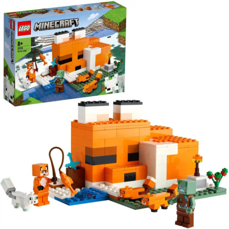 LEGO Minecraft Fox Lodge Set mit fuchsförmigem Haus, Figuren und Verpackung im Hintergrund. LEGO Minecraft Fox Lodge Set mit fuchsförmigem Haus, Figuren und Verpackung im Hintergrund.