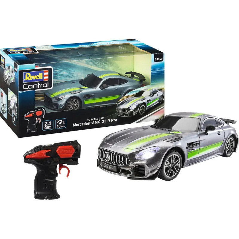 Revell Mercedes-AMG GT R Pro RC-Auto, silber mit grünen Streifen, inkl. Box und Fernsteuerung. Box und Fernsteuerung.