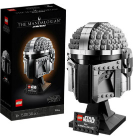 LEGO Star Wars Mandalorian Helm-Set mit Box, Präsentationsständer und 584 Teilen abgebildet.